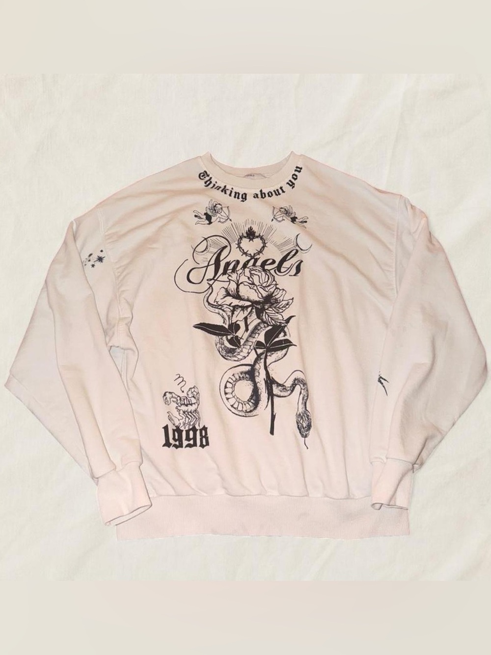 Bershka White Crewneck Sweatshirt with Black Gothic Print